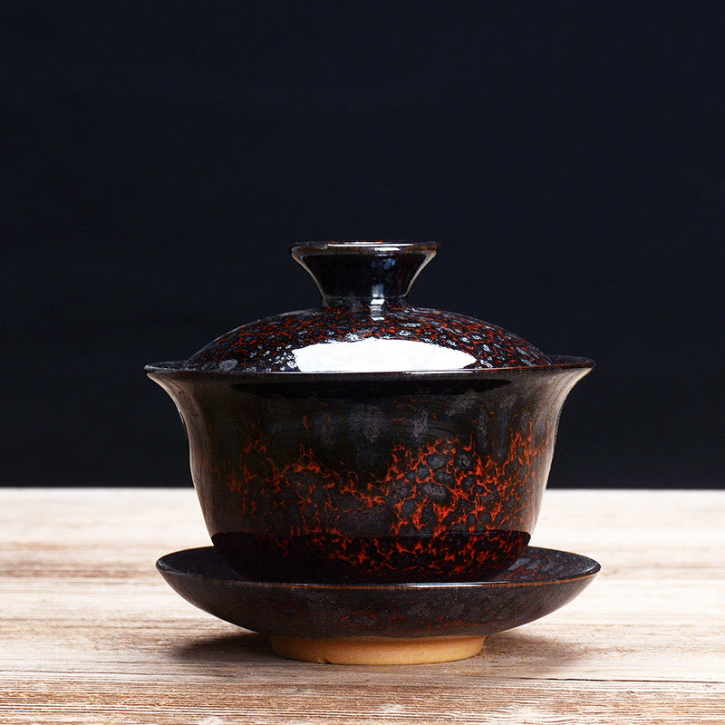 Hjemix | Vintage Brennovn Keramisk Gaiwan Sancai Tekopp Tekopp og Tallerken med Lokk