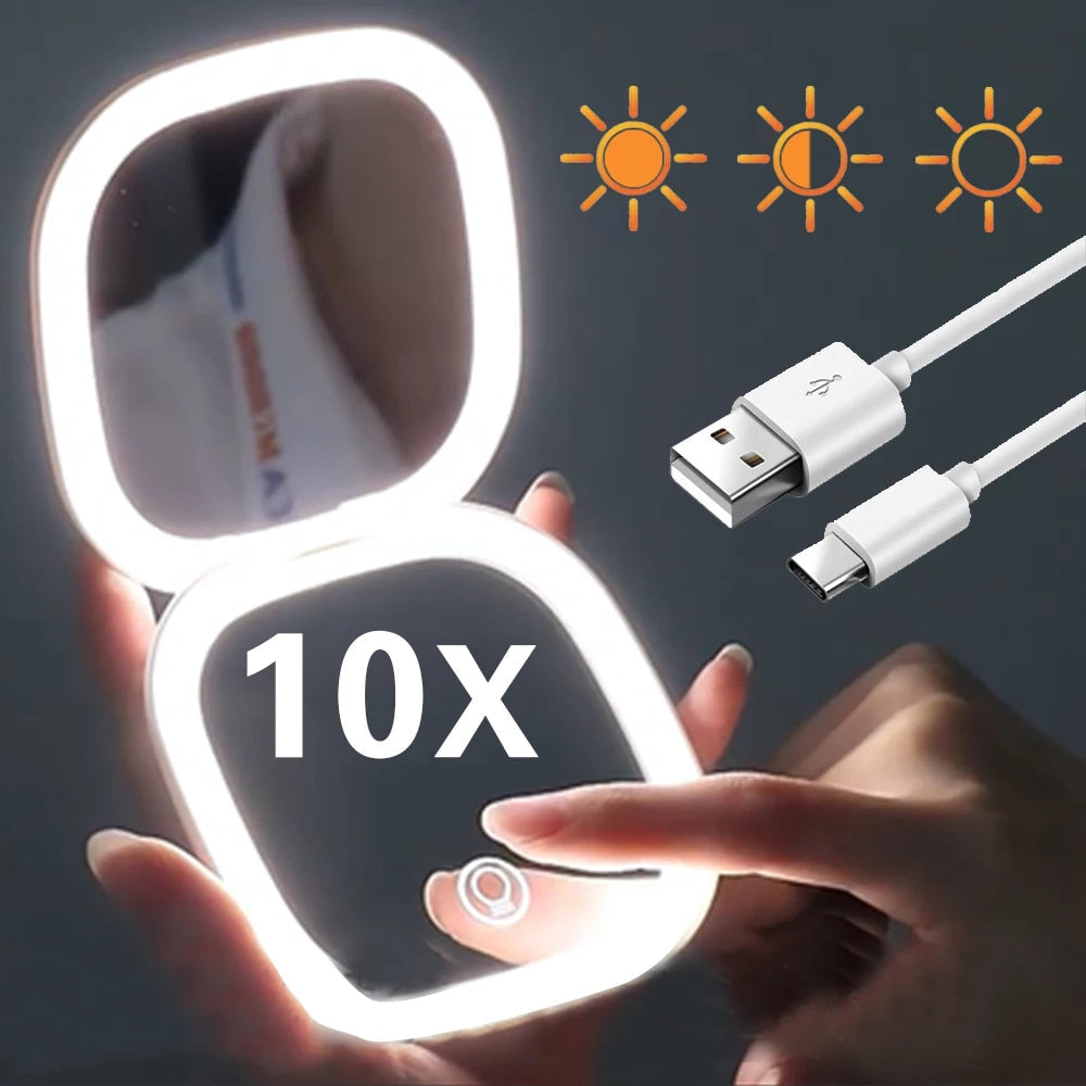 Hjemix | Mini LED 10x forstørrelses kosmetisk speil med ulike lysinnstillinger, USB-ladbar