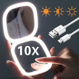 Hjemix | Mini LED 10x forstørrelses kosmetisk speil med ulike lysinnstillinger, USB-ladbar