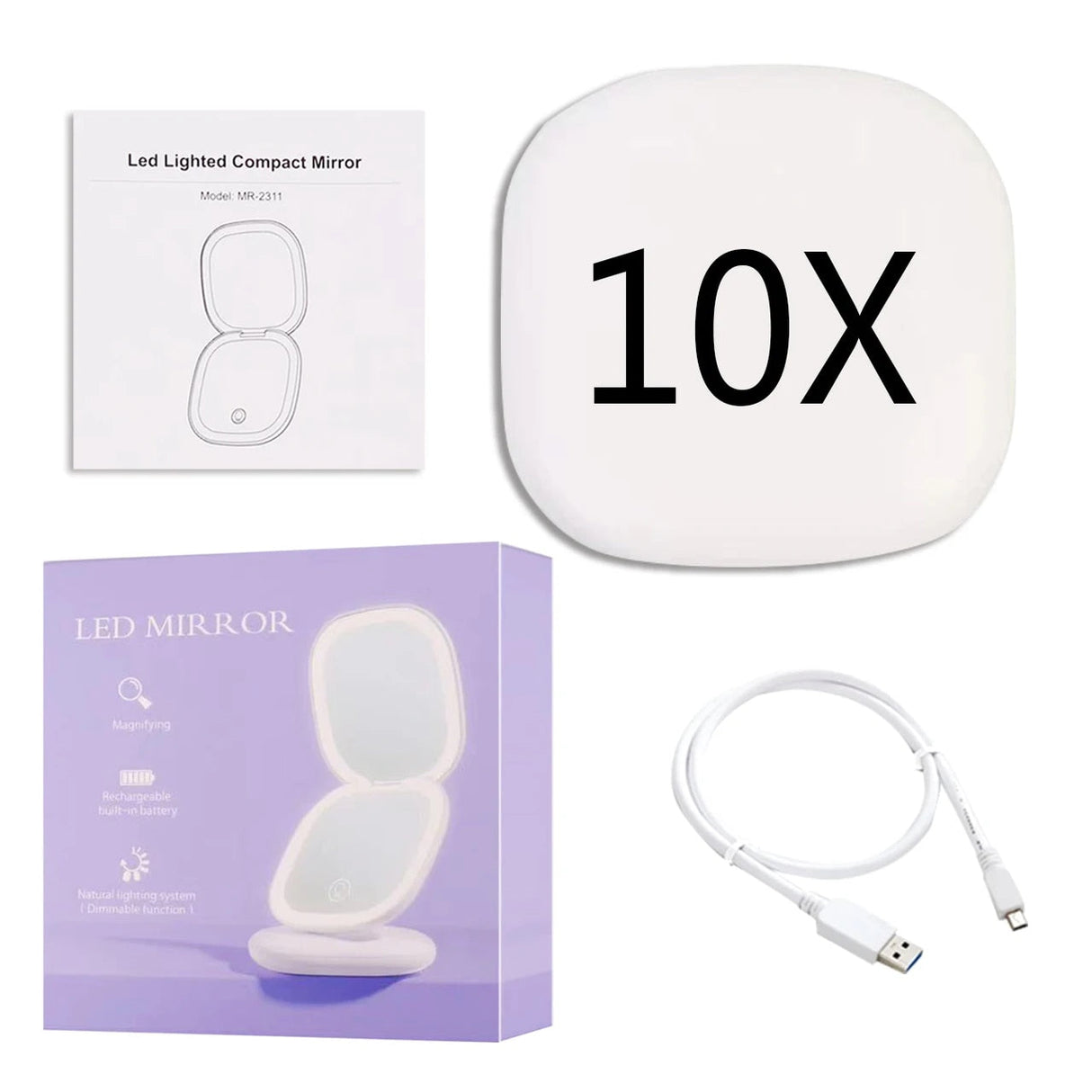Hjemix | Mini LED 10x forstørrelses kosmetisk speil med ulike lysinnstillinger, USB-ladbar