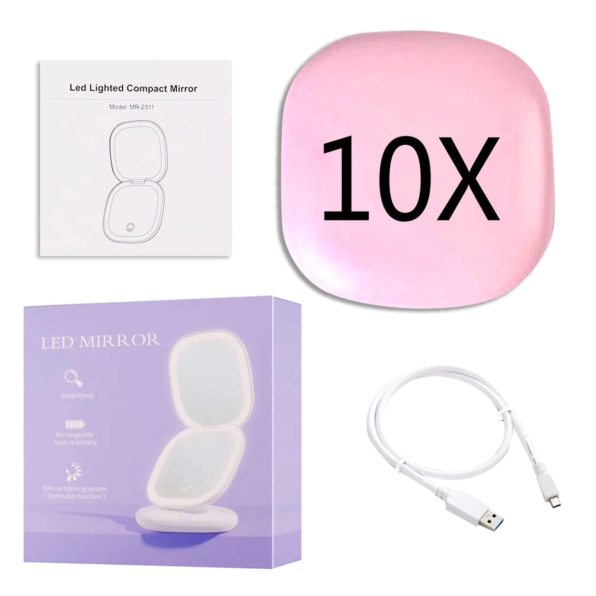 Hjemix | Mini LED 10x forstørrelses kosmetisk speil med ulike lysinnstillinger, USB-ladbar