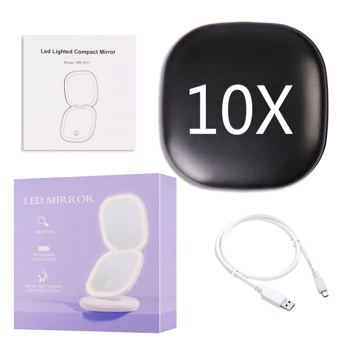 Hjemix | Mini LED 10x forstørrelses kosmetisk speil med ulike lysinnstillinger, USB-ladbar