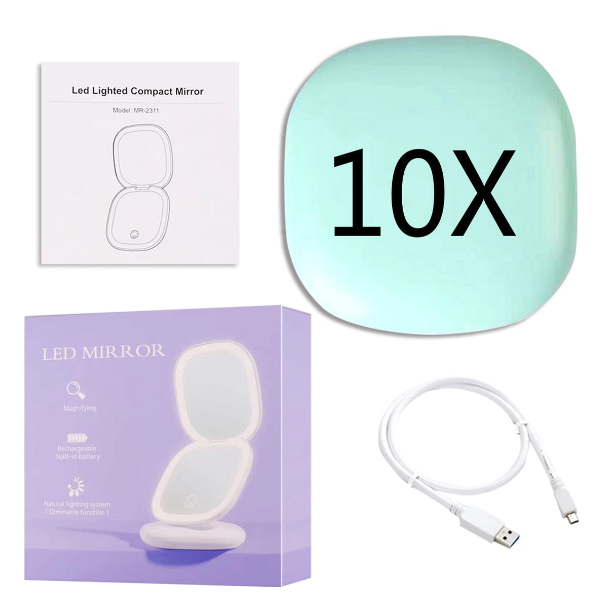 Hjemix | Mini LED 10x forstørrelses kosmetisk speil med ulike lysinnstillinger, USB-ladbar