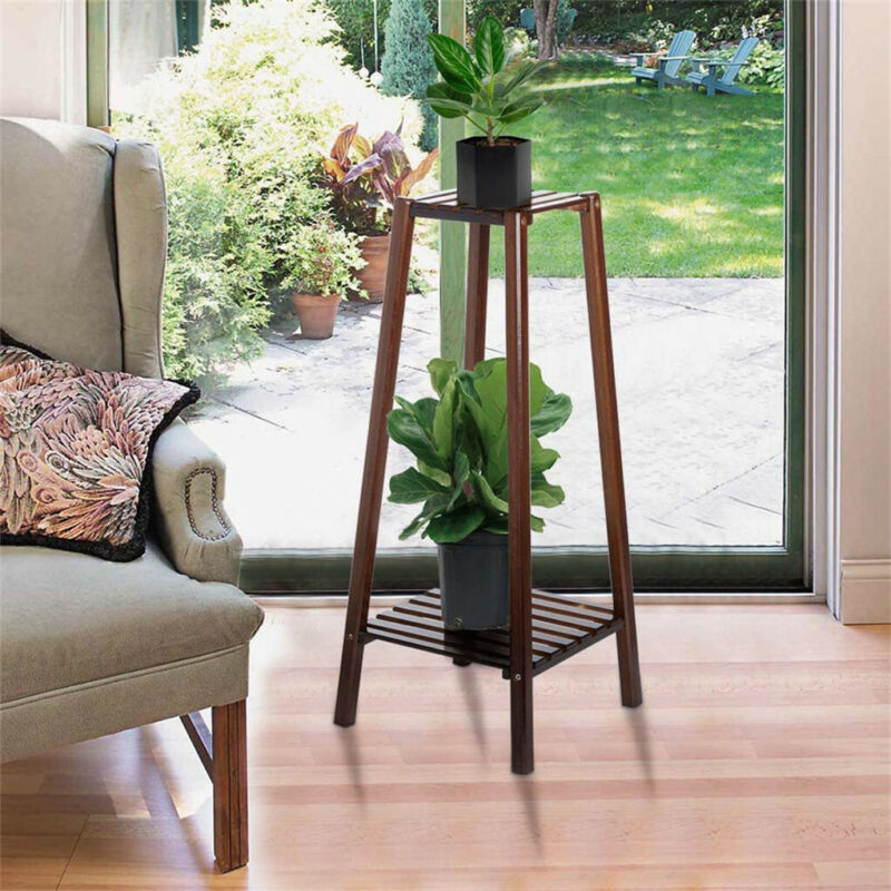 Hjemix | 2 Tier Høy Plante Stativ Pottholder Lite Rom Bord Hage Blomsterpotte Brun