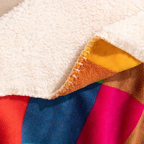 Hjemix | Koral fleece teppe – Vendbar tykk Sherpa teppe med et fargerikt rutet mønster