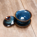 Hjemix | Vintage Brennovn Keramisk Gaiwan Sancai Tekopp Tekopp og Tallerken med Lokk