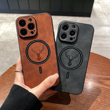 Hjemix | Luxury Deer Leather Apple iPhone Case | Magnetisk telefonveske, trådløs veske, MagSafe, trådløs lading, beskyttelsesveske, deksel for iPhone 15, 14, 13 Pro Max Plus