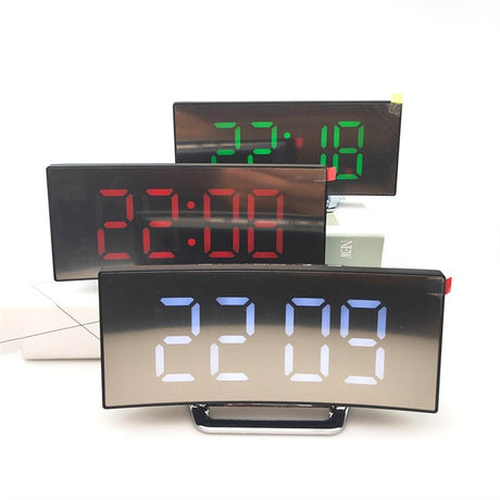 Hjemix | LED Digital Vekkerklokke – Bøyd Speildisplay, Bordklokke med Snusfunksjon, Elektronisk Borddisplay, Soverom og Stueinnredning