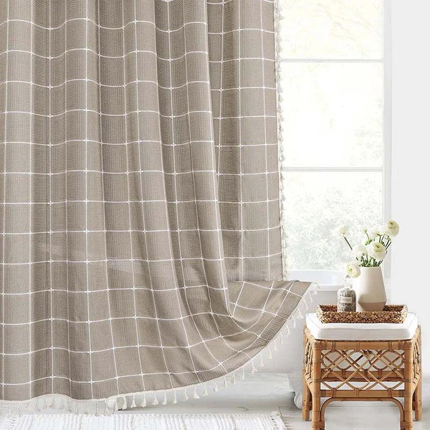 Hjemix | Moderne Jacquard Lin Dusjforheng med Frynser (1 stk) │ For Nordisk Bad Dekorasjon