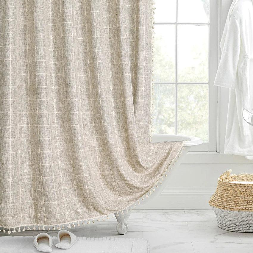 Hjemix | Moderne Jacquard Lin Dusjforheng med Frynser (1 stk) │ For Nordisk Bad Dekorasjon