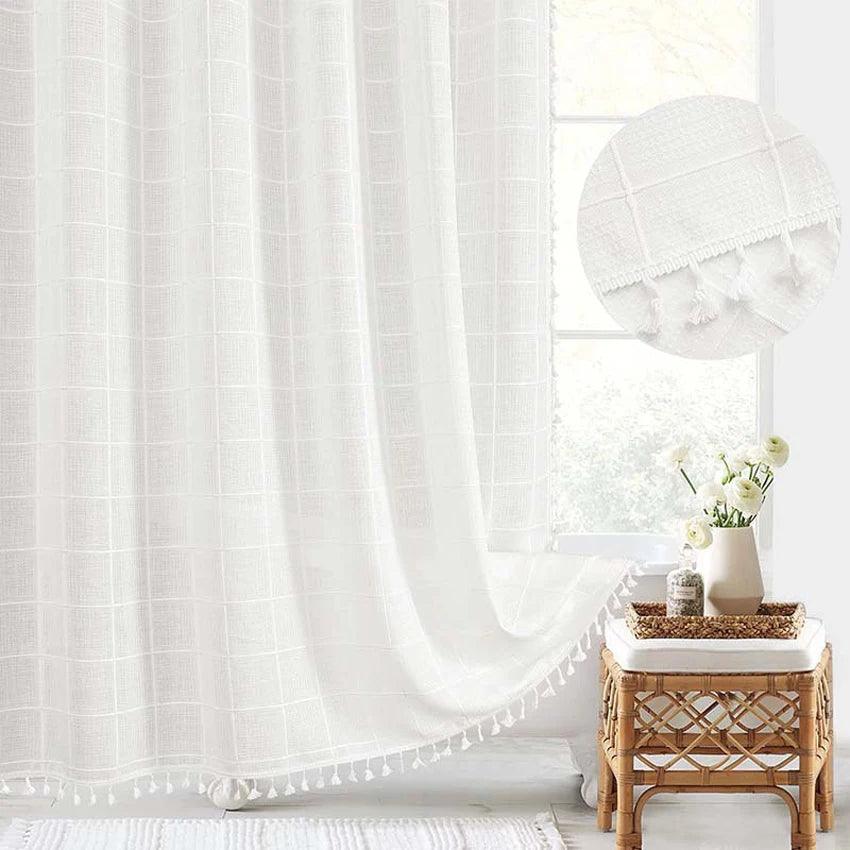 Hjemix | Moderne Jacquard Lin Dusjforheng med Frynser (1 stk) │ For Nordisk Bad Dekorasjon