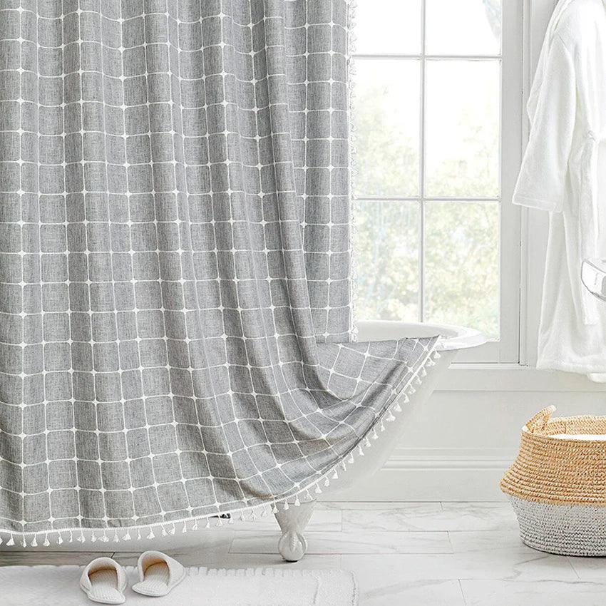Hjemix | Moderne Jacquard Lin Dusjforheng med Frynser (1 stk) │ For Nordisk Bad Dekorasjon