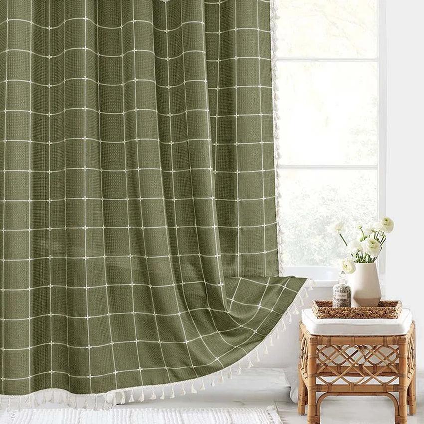 Hjemix | Moderne Jacquard Lin Dusjforheng med Frynser (1 stk) │ For Nordisk Bad Dekorasjon