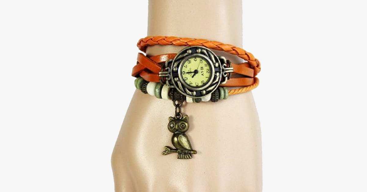 Hjemix | Ugle Vintage Wrap Klokke med Boho-Chic Stil Armbånd - Vevd mansjett-stil armbåndsur for et funky utseende!