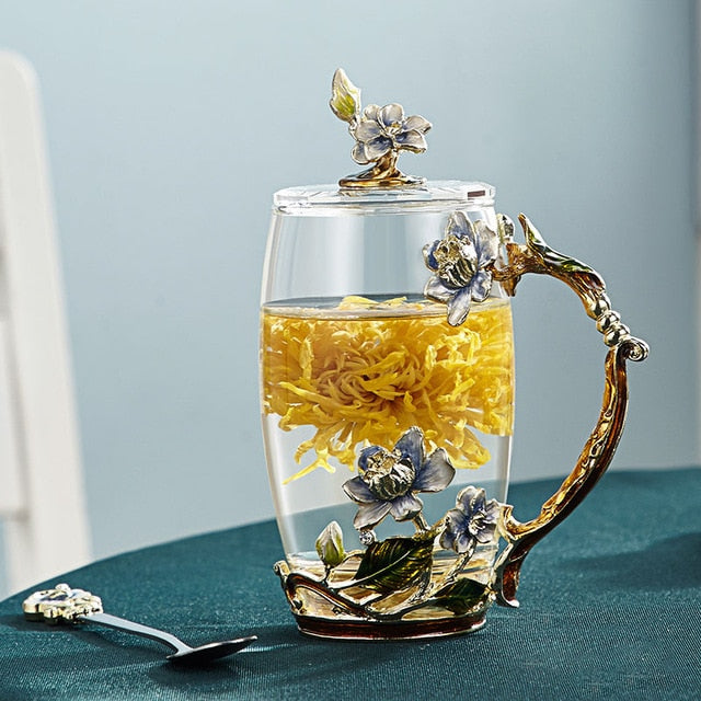 Hjemix | Håndlagd emalje blomster glasskrus for par kjærlighetsgave kan servere kaffe, smaksatt te eller til og med sitronsaft i