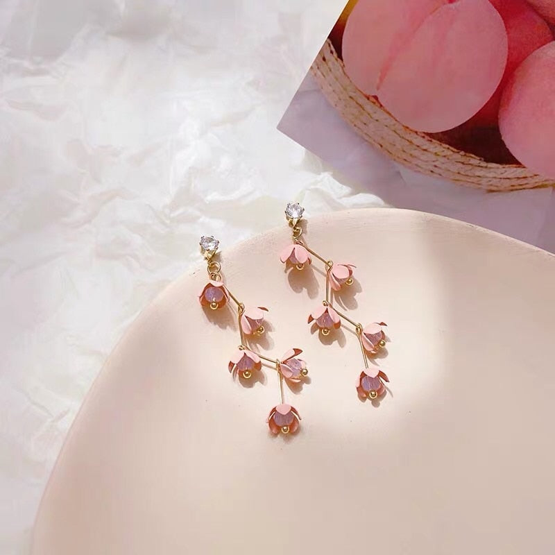Hjemix | Lange rhinestone krystall rosa sakura blomst med zircon klips øredobber