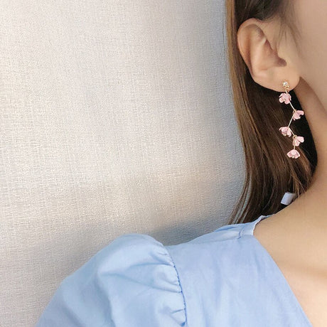 Hjemix | Lange rhinestone krystall rosa sakura blomst med zircon klips øredobber