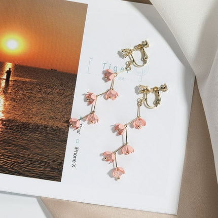 Hjemix | Lange rhinestone krystall rosa sakura blomst med zircon klips øredobber