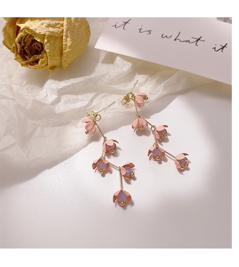 Hjemix | Lange rhinestone krystall rosa sakura blomst med zircon klips øredobber