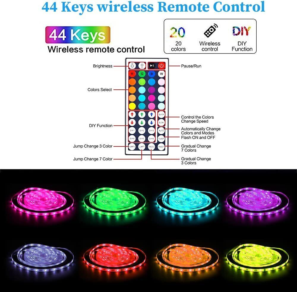 Hjemix | LED Lyslist, 30 m, 15 m, Musikk Synkronisering, Bluetooth, 5050, RGB Ambient Lys med Fjernkontroll