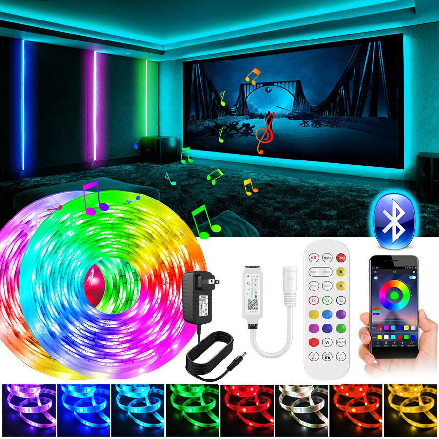 Hjemix | LED Lyslist, 30 m, 15 m, Musikk Synkronisering, Bluetooth, 5050, RGB Ambient Lys med Fjernkontroll