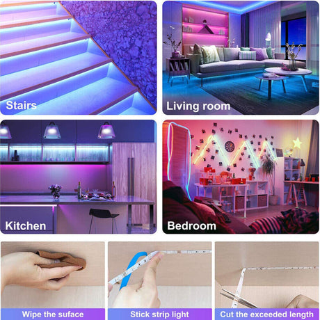 Hjemix | LED Lyslist, 30 m, 15 m, Musikk Synkronisering, Bluetooth, 5050, RGB Ambient Lys med Fjernkontroll