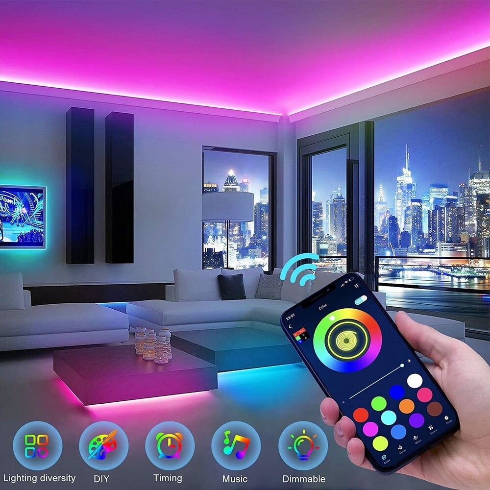 Hjemix | LED Lyslist, 30 m, 15 m, Musikk Synkronisering, Bluetooth, 5050, RGB Ambient Lys med Fjernkontroll