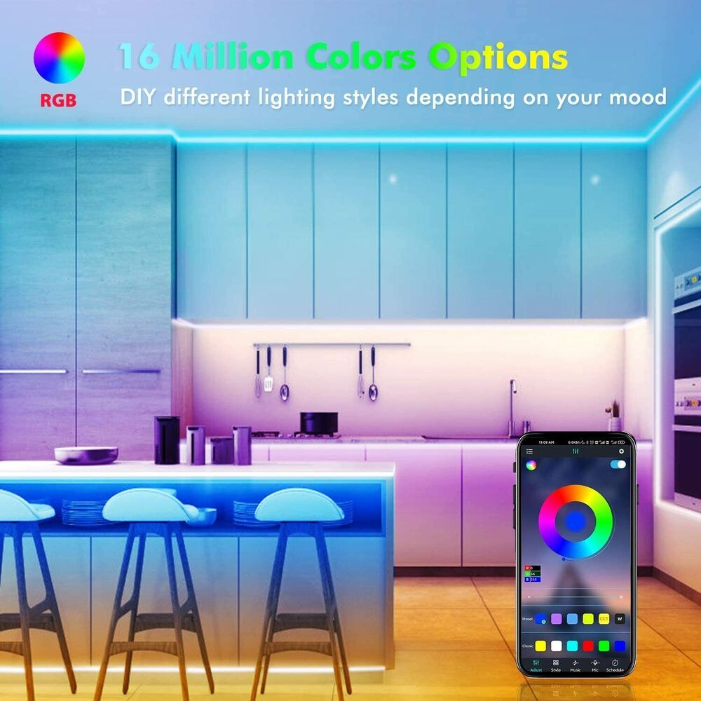Hjemix | LED Lyslist, 30 m, 15 m, Musikk Synkronisering, Bluetooth, 5050, RGB Ambient Lys med Fjernkontroll