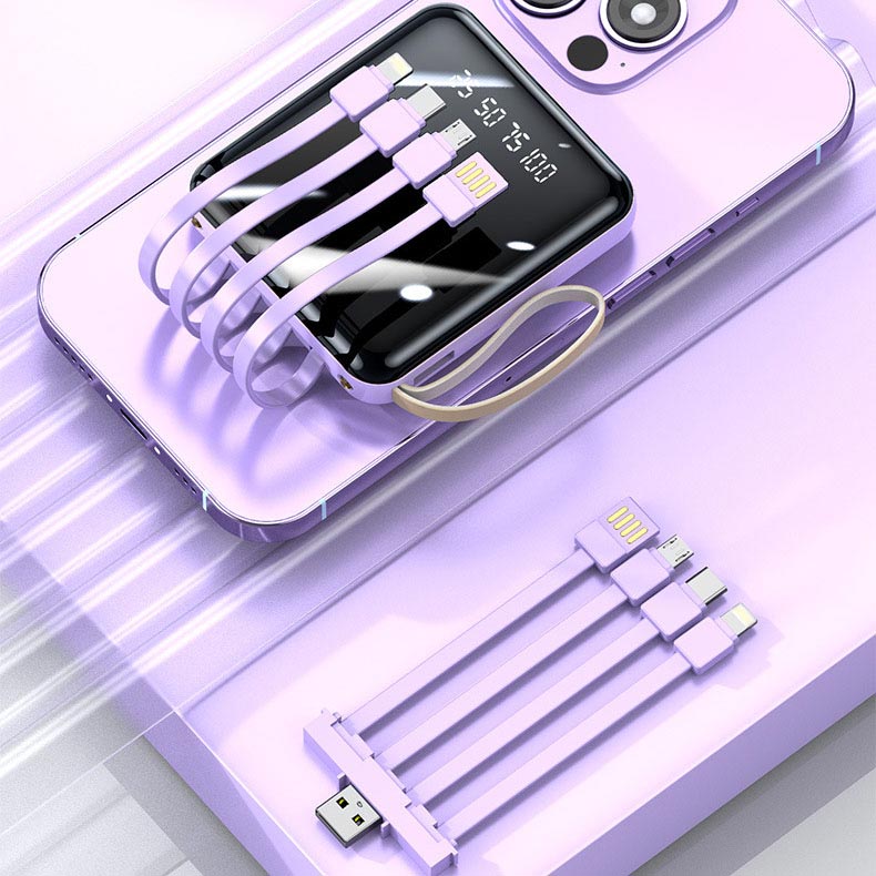 Hjemix | Rask lading 20000mAh mini powerbank med integrerte kabler