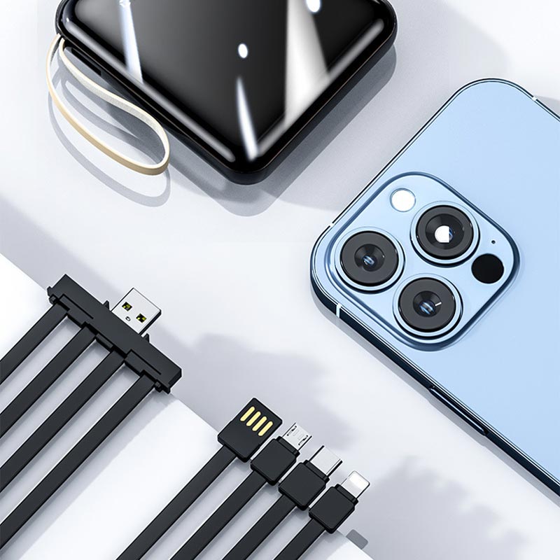 Hjemix | Rask lading 20000mAh mini powerbank med integrerte kabler