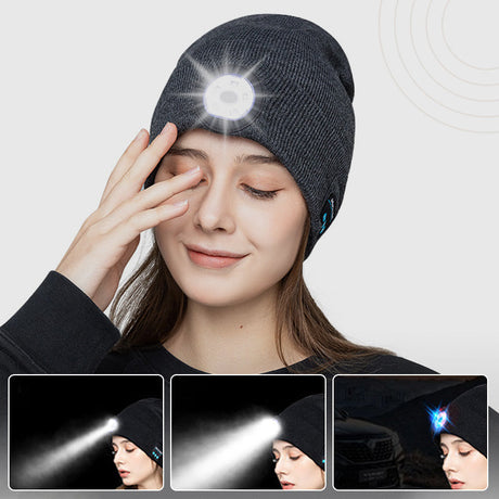 Hjemix | LED Hodelykt Avtakbar Bluetooth Hodesett Strikket Lue