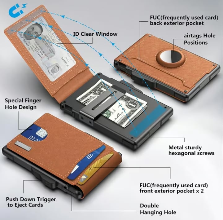 Hjemix | 🔥Pop Up aluminiumsveske Pengeklips Slim Leather Slots Kredittkortholdere RFID Blocking Bifold Minimalist Wallet